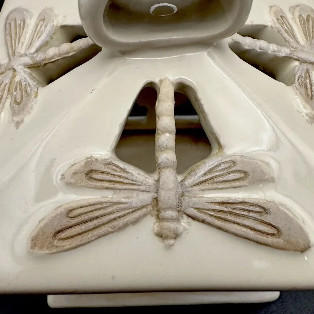 VTG Yankee Candle Stoneware Pagoda Tea Light Holder Dragonfly Ceramic Lantern 4”